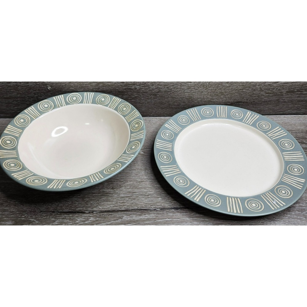 Pottery Barn Bongo Sage Green Geometric Dinner Plate & Cereal Bowl Set 2-Pc